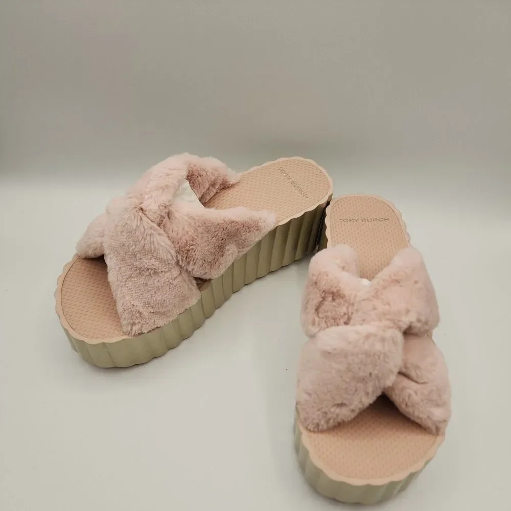 Tory Burch Faux Fur Scallop Wedge Slide Sandal‎ Sea Shell Pink Size 10 $168